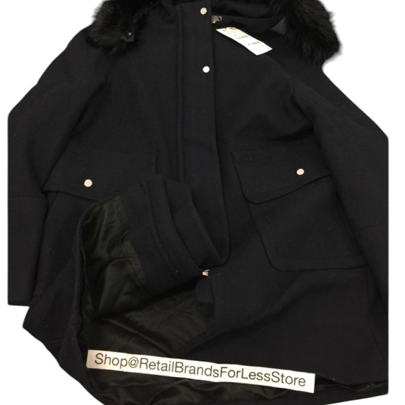ZARA NAVY BLUE WOOL BLEND DETACHABLE FAUX FUR HOOD COAT WITH POCKETS $129 - Picture 13 of 14
